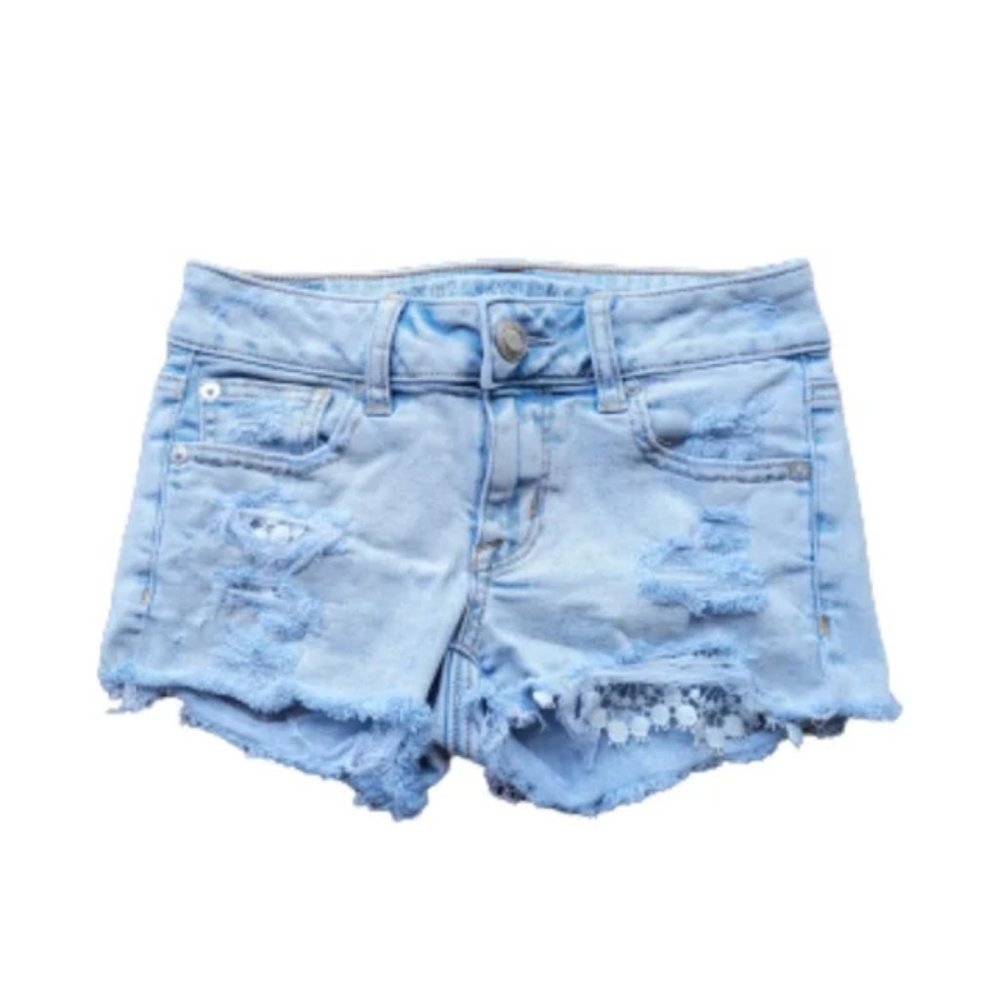 🌸 Womens/Juniors AE Light Blue Wash Lace Detail Shortie Jean Shorts Size 00